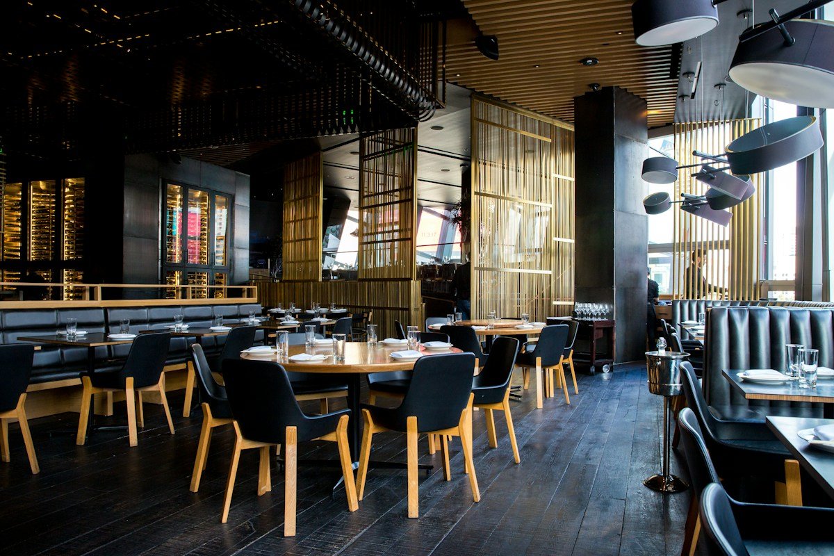 A warm restaurant dining space